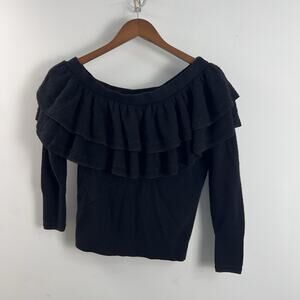 FRAME Off Shoulder Black Ruffled Collar Sweater Woman’s Size Medium Wool Blend